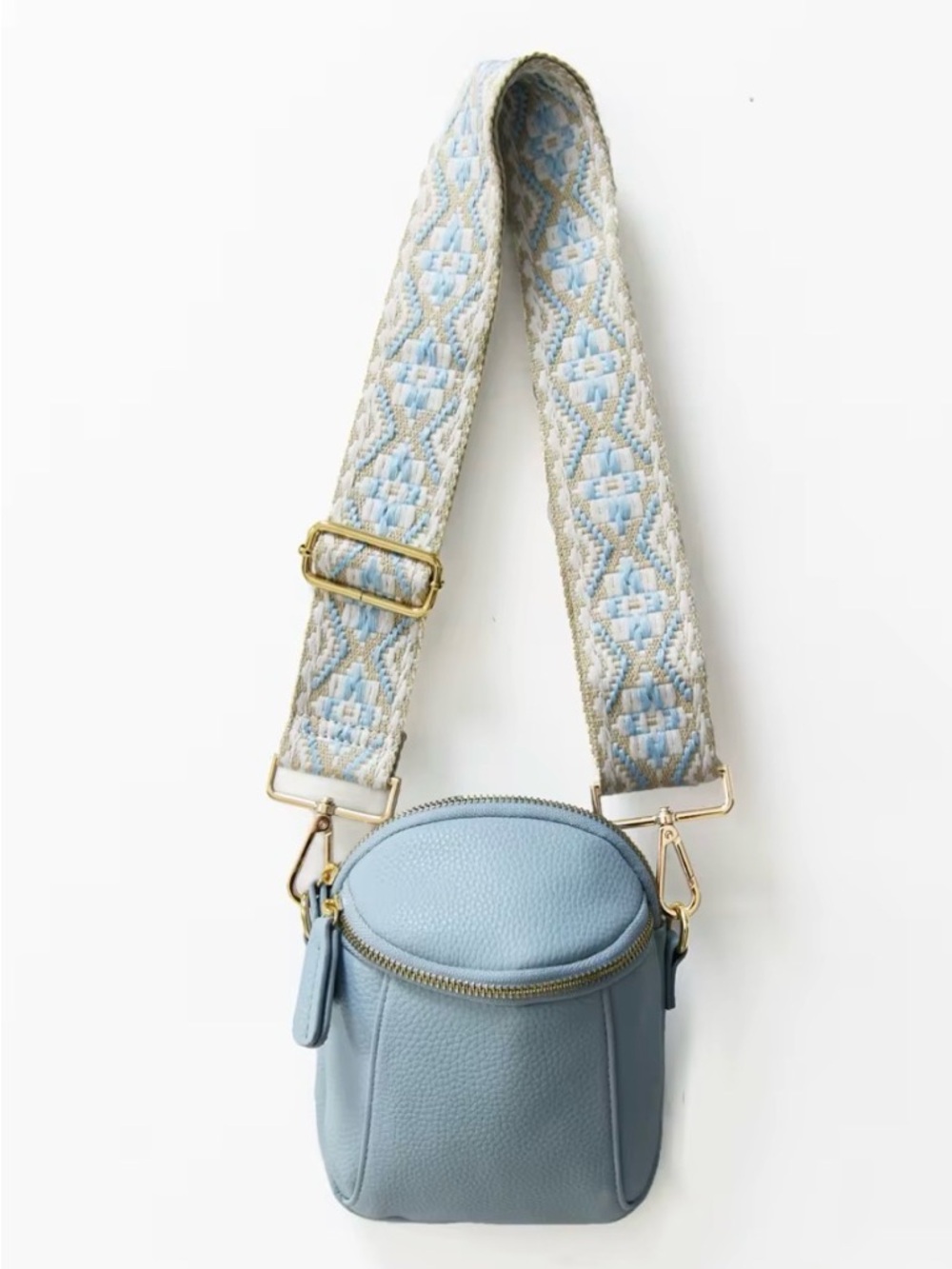 Boho Stylish Light Blue Crossbody Bag with Patterned Strap baby blue color - Picture 8 of 8